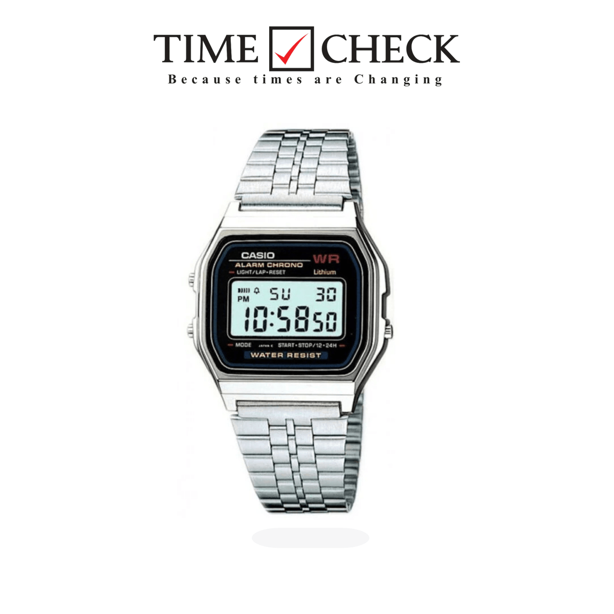 A159W-N1DF Casio Vintage Stainless Steel Silver Tone Digital Rectangle Unisex Watch. - Timecheck
