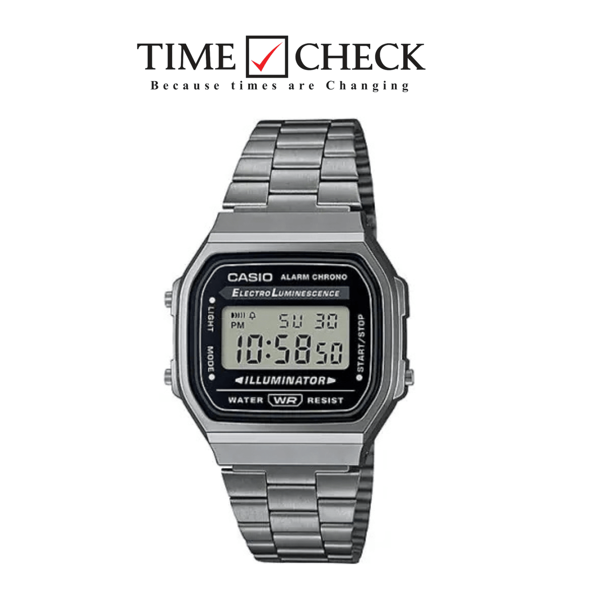 A168WGG-1ADF Casio Vintage SILVER Metal Band Illuminator Digital Men's Watch. - Timecheck