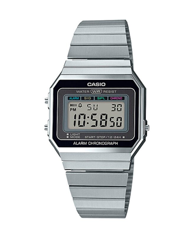 A700W-1ADF Casio Vintage Digital Rectangle Silver Stainless Steel Bracelet Watch. - Timecheck