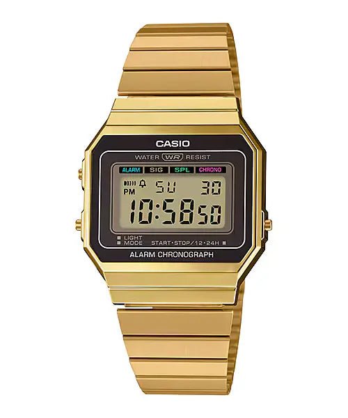 A700WG-9ADF Casio Vintage Digital Rectangle Golden Stainless Steel Bracelet Watch. - Timecheck