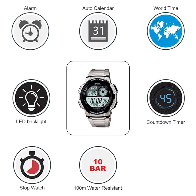 AE-1000WD-1AVDF Casio Gray Dial Stainless Steel Digital Quartz Men's Watch. - Timecheck