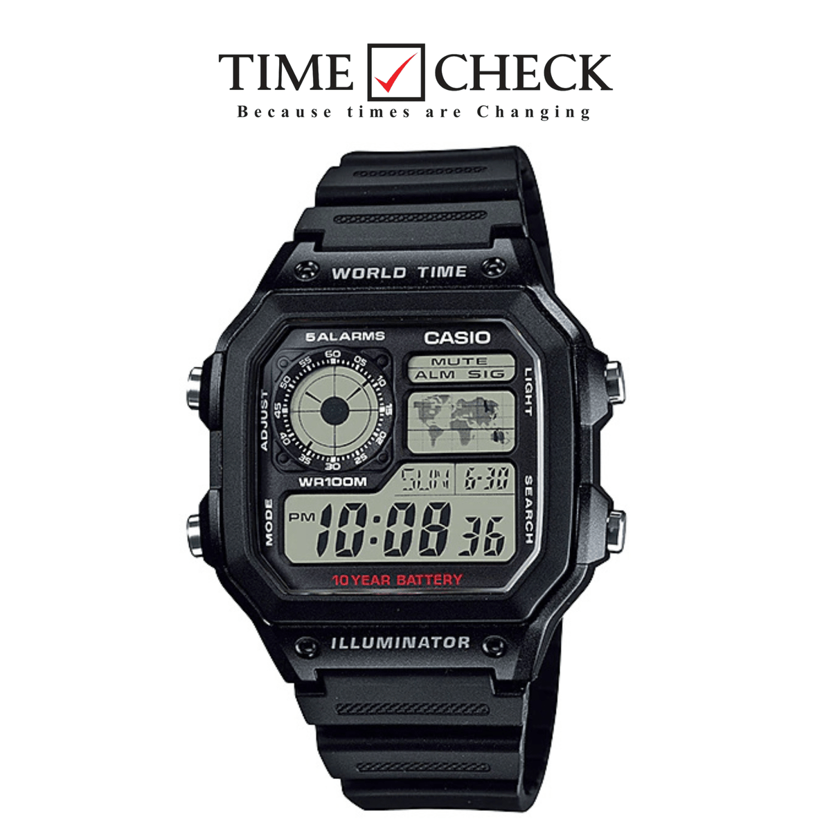 AE-1200WH-1AVDF Casio Black Resin Digital Quartz Movement Men's Watch. - Timecheck