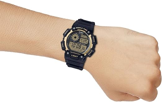 AE-1400WH-9AVDF Casio Black Resin Youth Digital Gold Dial Men's Watch. - Timecheck