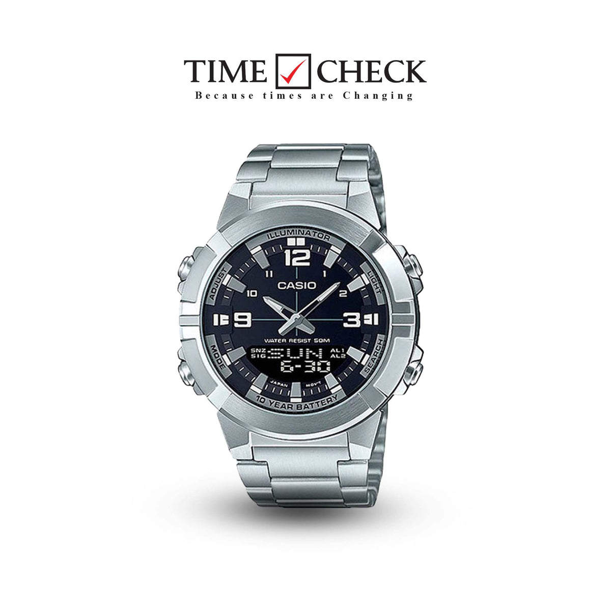 AMW-870D-1AVDF Casio Illuminator Analog Digital World Time Stainless Steel Men's Watch. - Timecheck