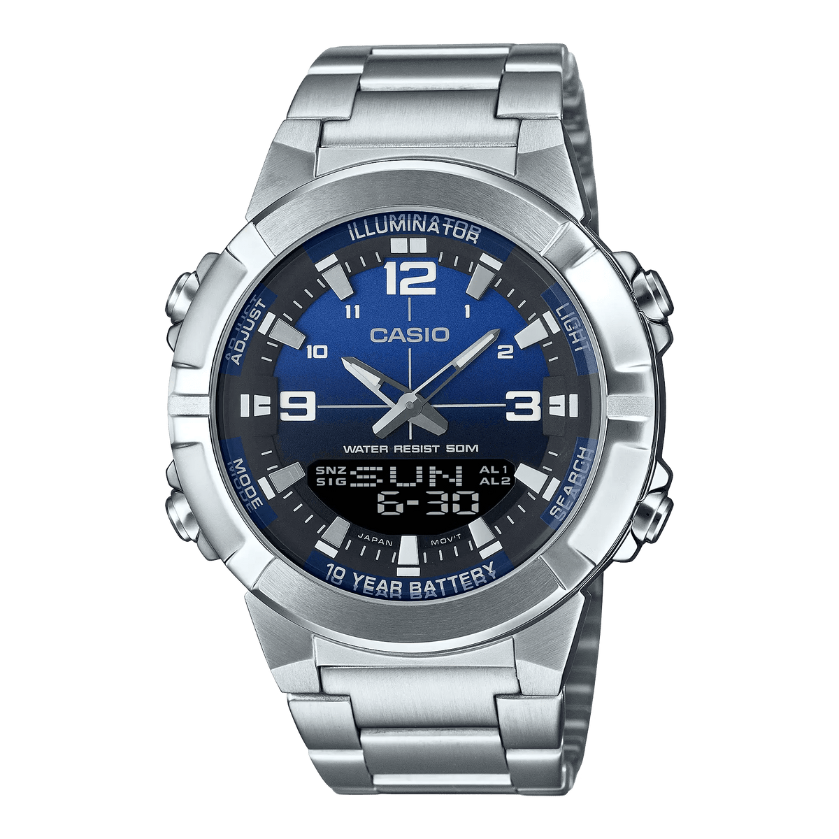 AMW-870DA-2A1VDF Casio Illuminator Analog Digital World Time Stainless Steel Men's Watch. - Timecheck