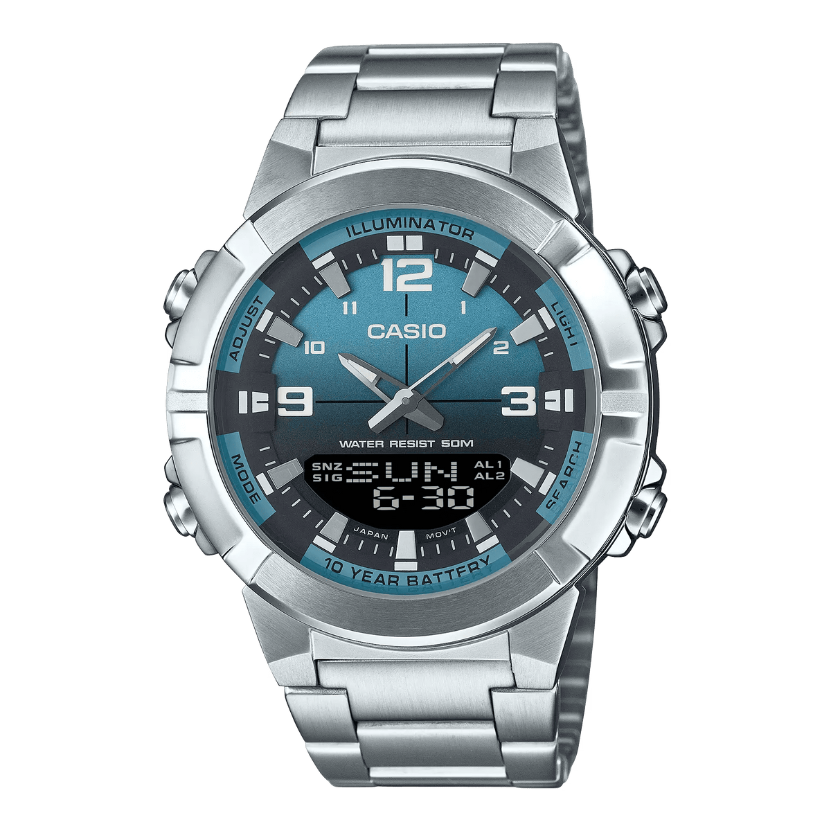 AMW-870DA-2A2VDF Casio Illuminator Analog Digital World Time Stainless Steel Men's Watch. - Timecheck