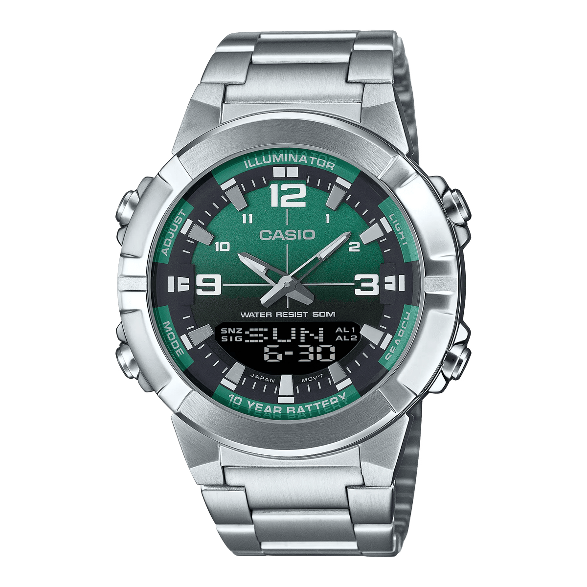 AMW-870DA-3AVDF Casio Illuminator Analog Digital World Time Stainless Steel Men's Watch. - Timecheck