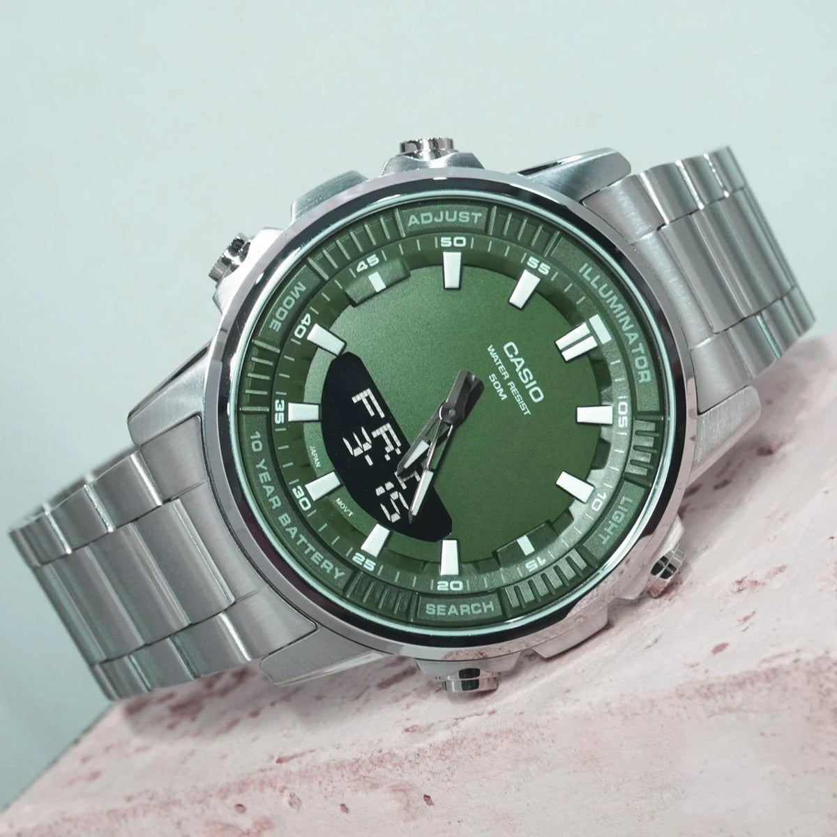 AMW-880D-3AVDF Casio Green Dial Stainless Steel Men’s Wrist Watch. - Timecheck