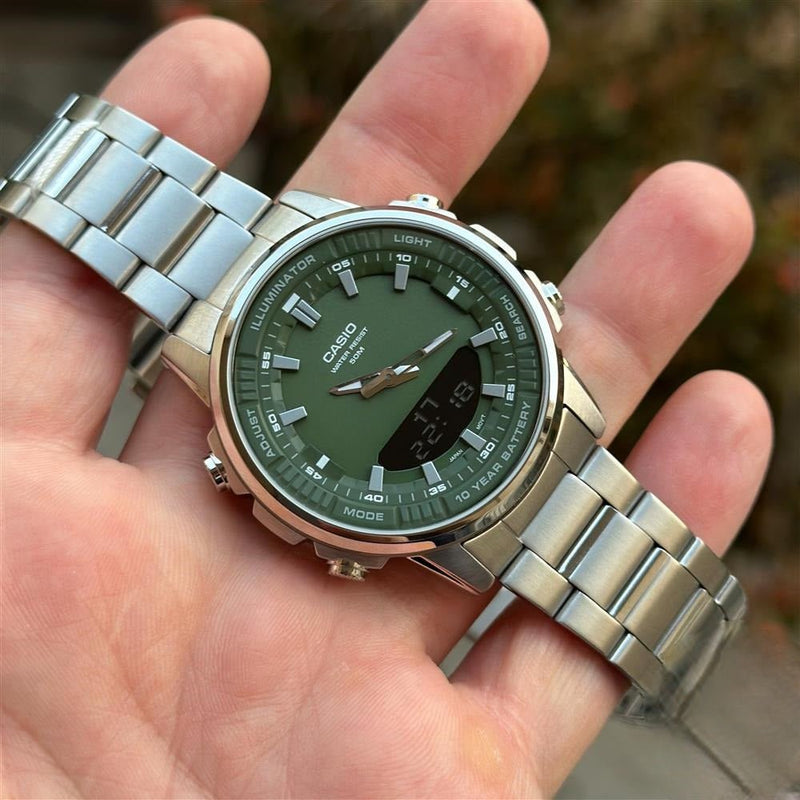AMW-880D-3AVDF Casio Green Dial Stainless Steel Men’s Wrist Watch. - Timecheck