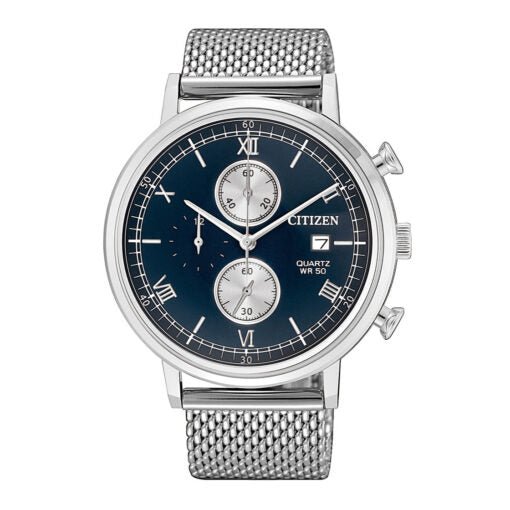 AN3610-80L Citizen Quartz Blue Dial Chronograph Mesh Bracelet Men's Watch. - Timecheck