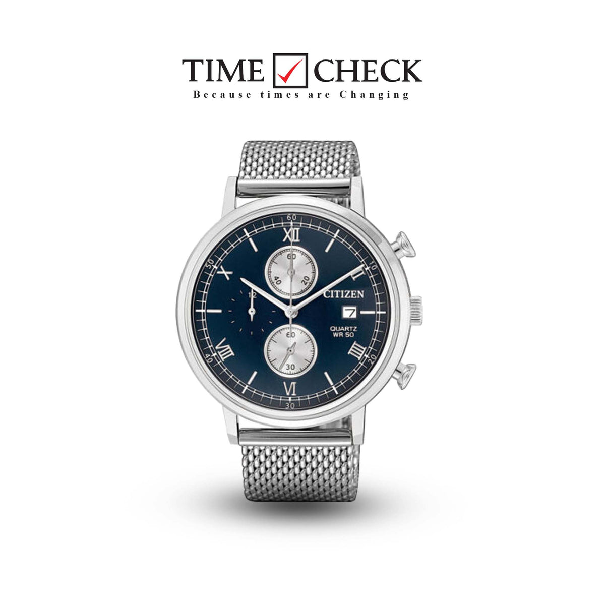 AN3610-80L Citizen Quartz Blue Dial Chronograph Mesh Bracelet Men's Watch. - Timecheck