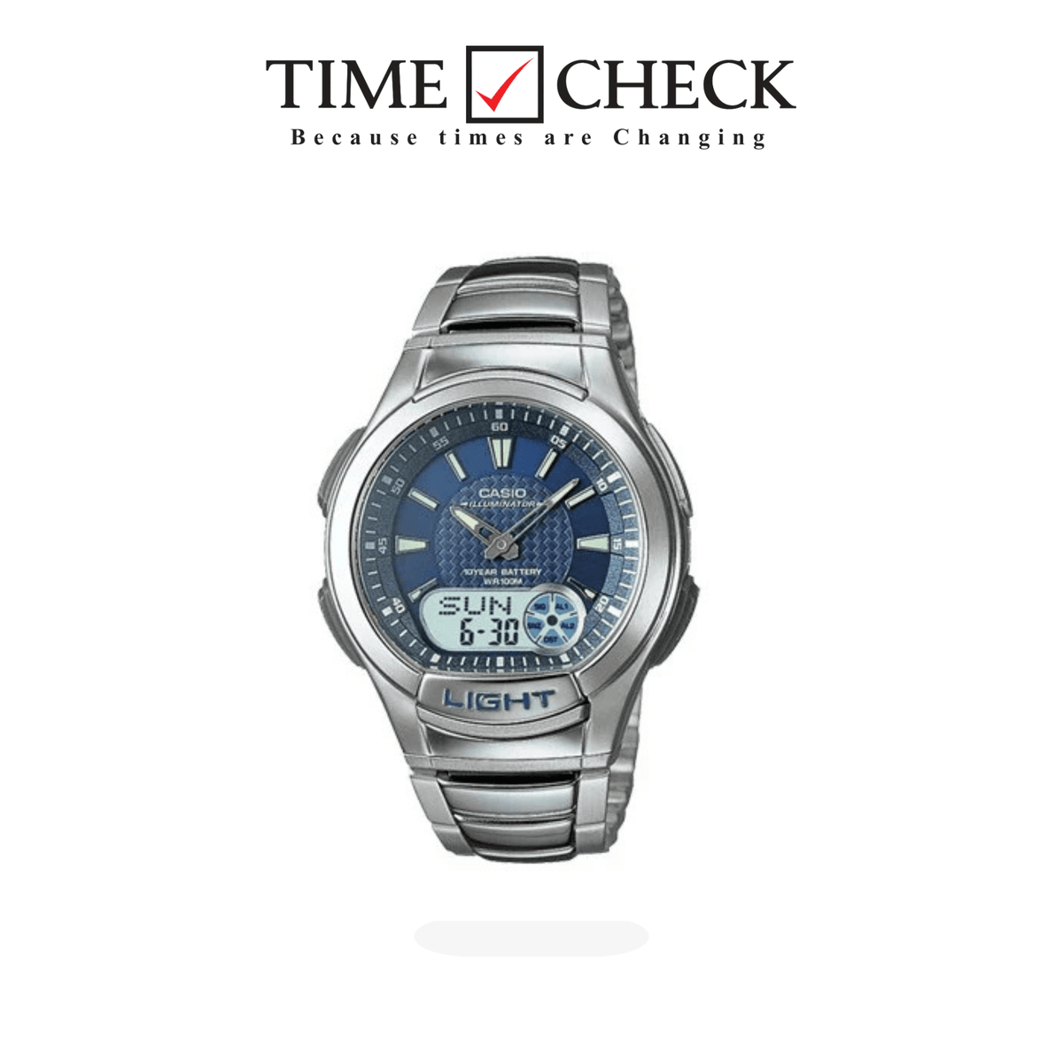 AQ-180WD-2AVDF Casio Stainless Steel Blue Dial Analog Digital Quartz Men's Watch. - Timecheck