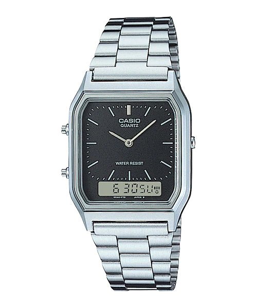 AQ-230A-1DMQ Casio Black Dial Silver Stainless Steel Chain Analog Men's Watch. - Timecheck