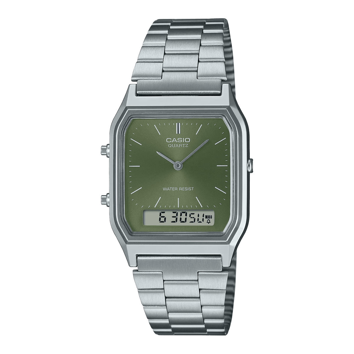 AQ-230A-3AMQYDF Casio Green Dial Silver Stainless Steel Chain Analog Men's Watch. - Timecheck