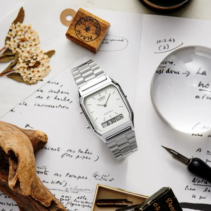 AQ-230A-7DMQ Casio White Dial Silver Stainless Steel Chain Analog Men's Watch. - Timecheck