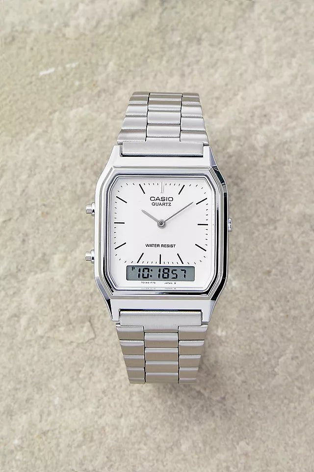 AQ-230A-7DMQ Casio White Dial Silver Stainless Steel Chain Analog Men's Watch. - Timecheck