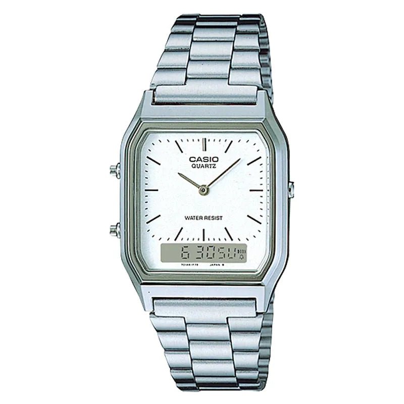 AQ-230A-7DMQ Casio White Dial Silver Stainless Steel Chain Analog Men's Watch. - Timecheck