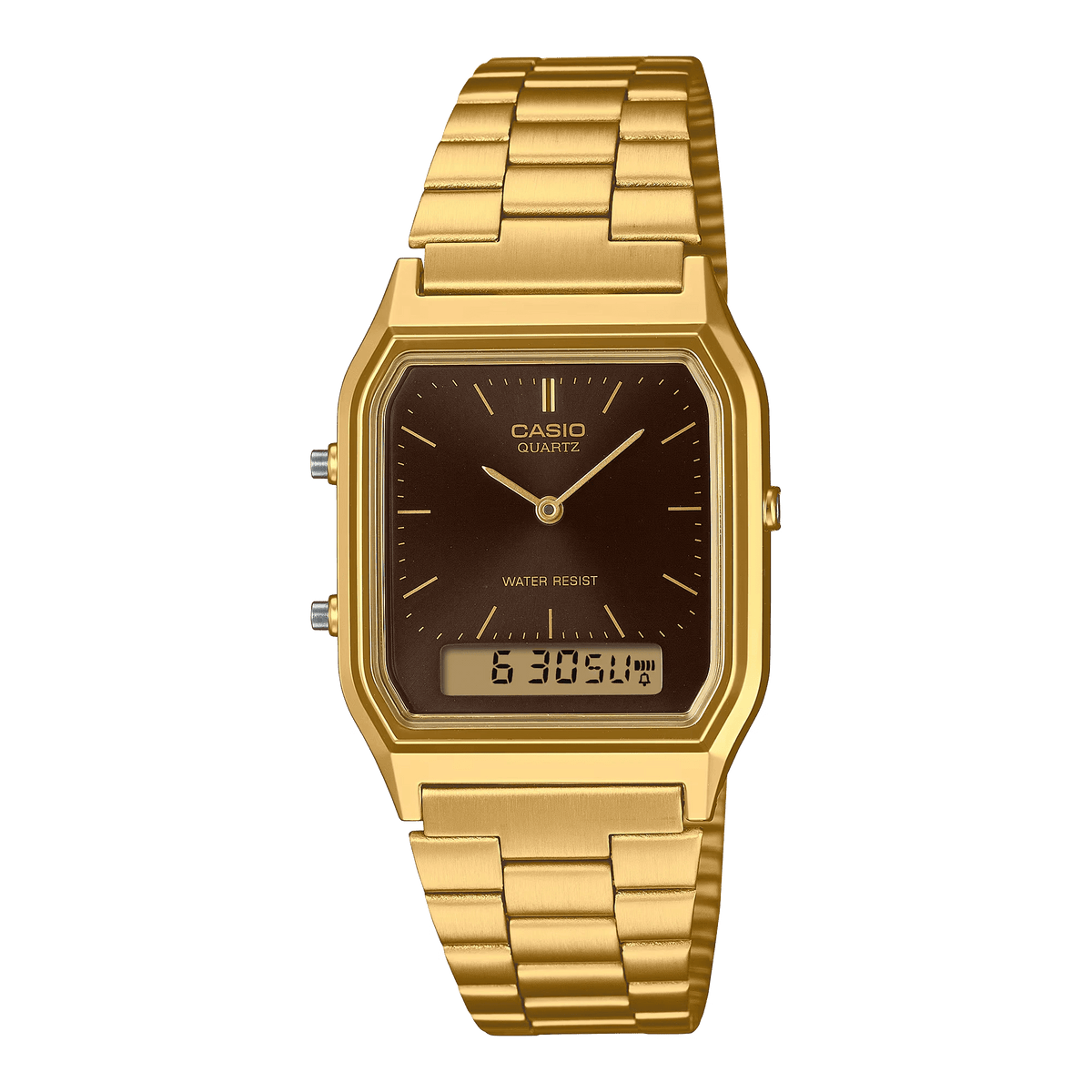 AQ-230GA-5AMQYDF Casio Brown Dial Golden Stainless Steel Chain Analog Men's Watch. - Timecheck