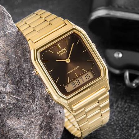 AQ-230GA-5AMQYDF Casio Brown Dial Golden Stainless Steel Chain Analog Men's Watch. - Timecheck