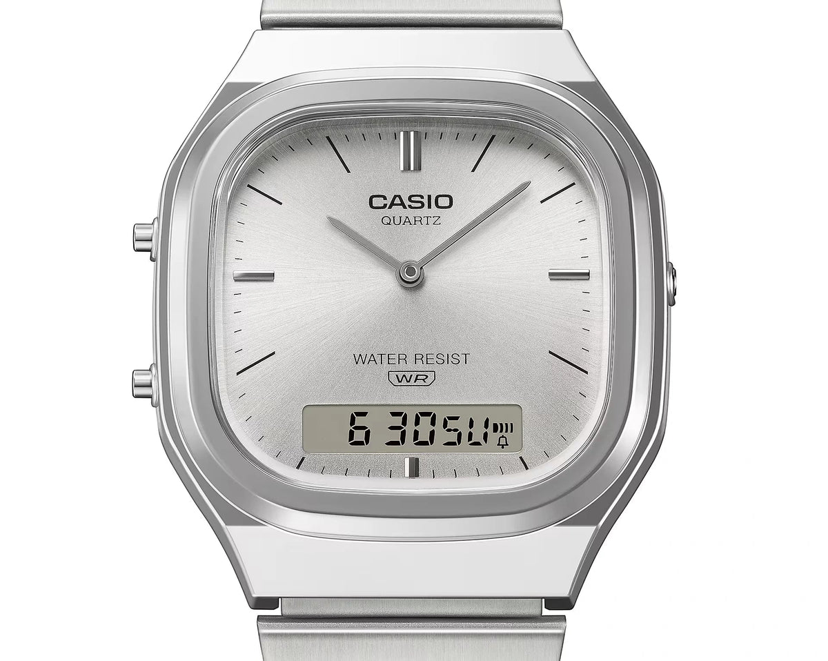 AQ-240E-7ADF Casio White Dial Silver Stainless Steel Chain Analog Men's Watch. - Timecheck