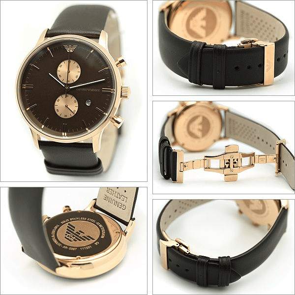 AR0387 Emporio Armani Quartz Chronograph Leather Strap Brown Dial 40mm Men's Watch. - Timecheck