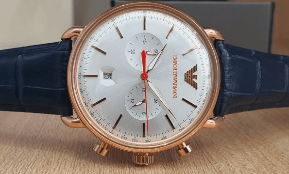 AR11123 Emporio Armani Quartz Chronograph Silver Dial Blue Strap Men's Watch. - Timecheck