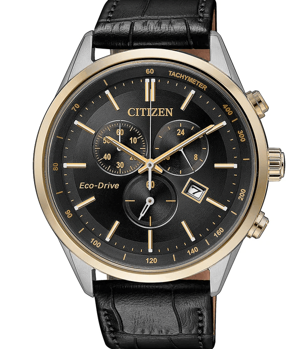 Citizen AT2144-11E Bold Black Multi-Function Chronograph Dial Gold-Tone Accents Genuine Black Leather Strap Men's Watch