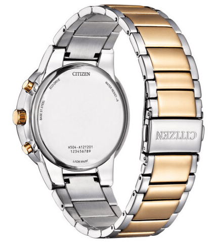 AT2244-84L Citizen Blue Dial Silver Gold Chain Eco Drive Analog Chronograph Men's Watch. - Timecheck