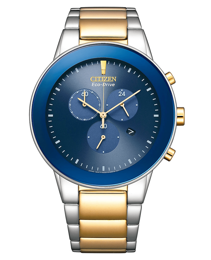 AT2244-84L Citizen Blue Dial Silver Gold Chain Eco Drive Analog Chronograph Men's Watch. - Timecheck