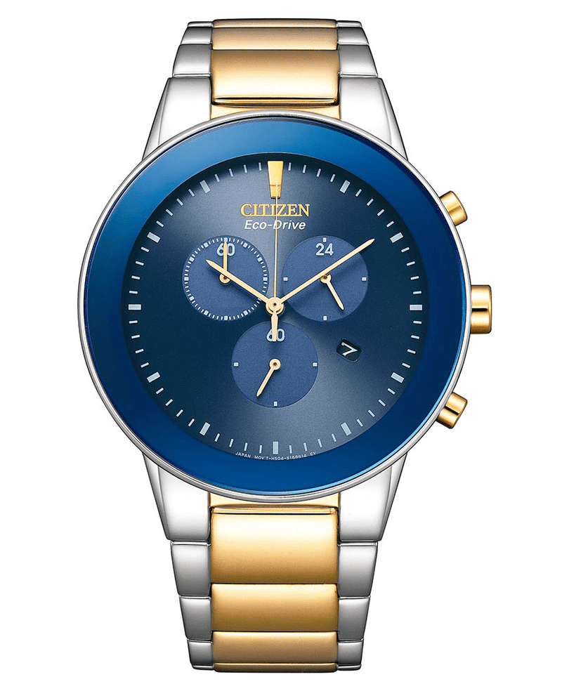 AT2244-84L Citizen Blue Dial Silver Gold Chain Eco Drive Analog Chronograph Men's Watch. - Timecheck