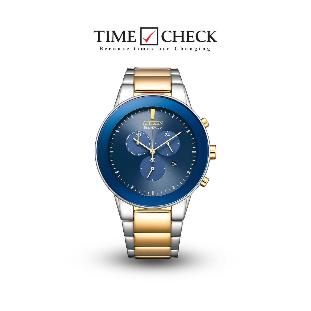 AT2244-84L Citizen Blue Dial Silver Gold Chain Eco Drive Analog Chronograph Men's Watch. - Timecheck