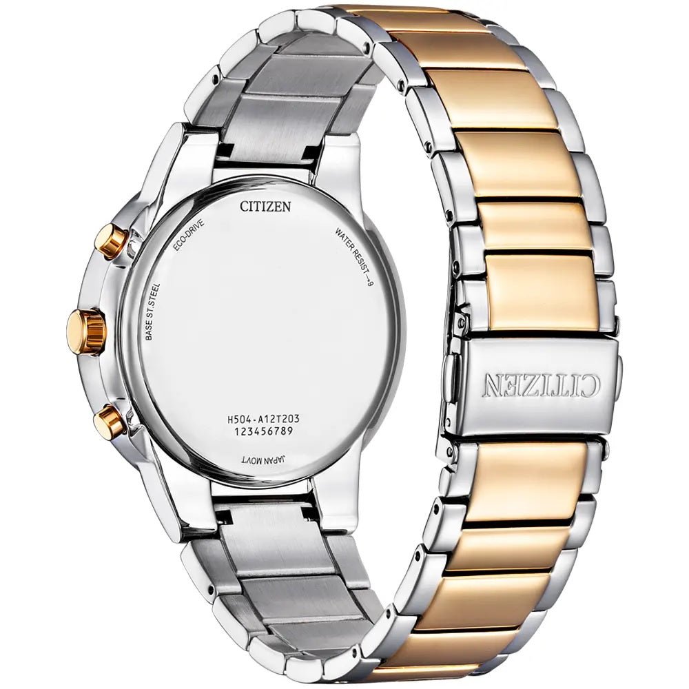 AT2244-84X Citizen Green Dial Silver Gold Chain Eco Drive Analog Chronograph Men's Watch. - Timecheck