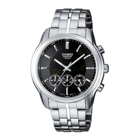BEM-504D-1AVDF Casio Beside Black Stainless Steel Chronograph 3-Dials Men's Watch. - Timecheck