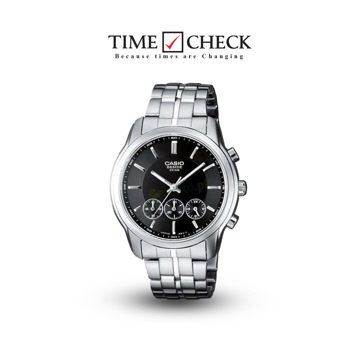 BEM-504D-1AVDF Casio Beside Black Stainless Steel Chronograph 3-Dials Men's Watch. - Timecheck
