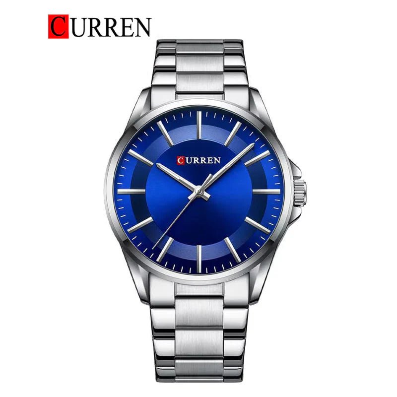 Curren C9090G men's analog watch featuring a striking blue dial face and polished silver stainless steel link bracelet