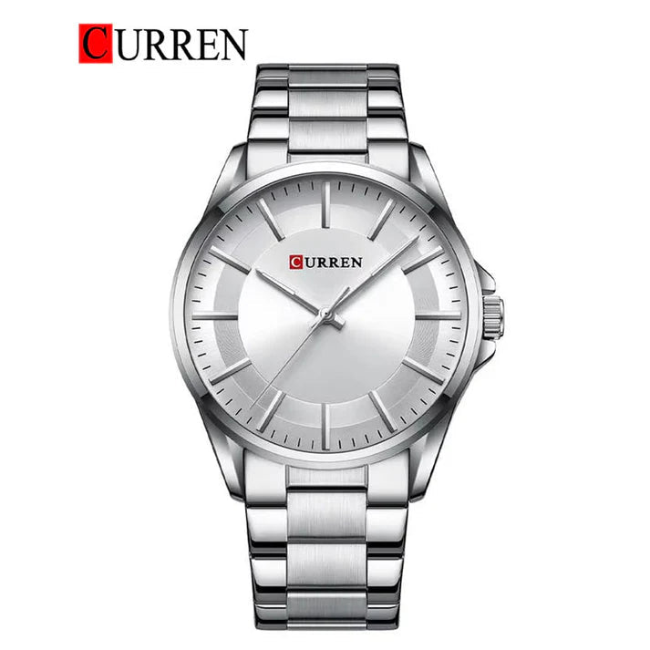 Curren C8429G men's analog watch featuring a clean white dial face and polished silver stainless steel link bracelet