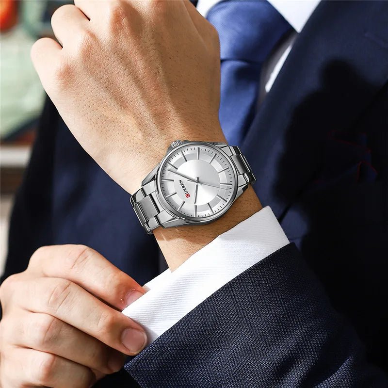 Curren C8429G men's analog watch featuring a clean white dial face and polished silver stainless steel link bracelet
