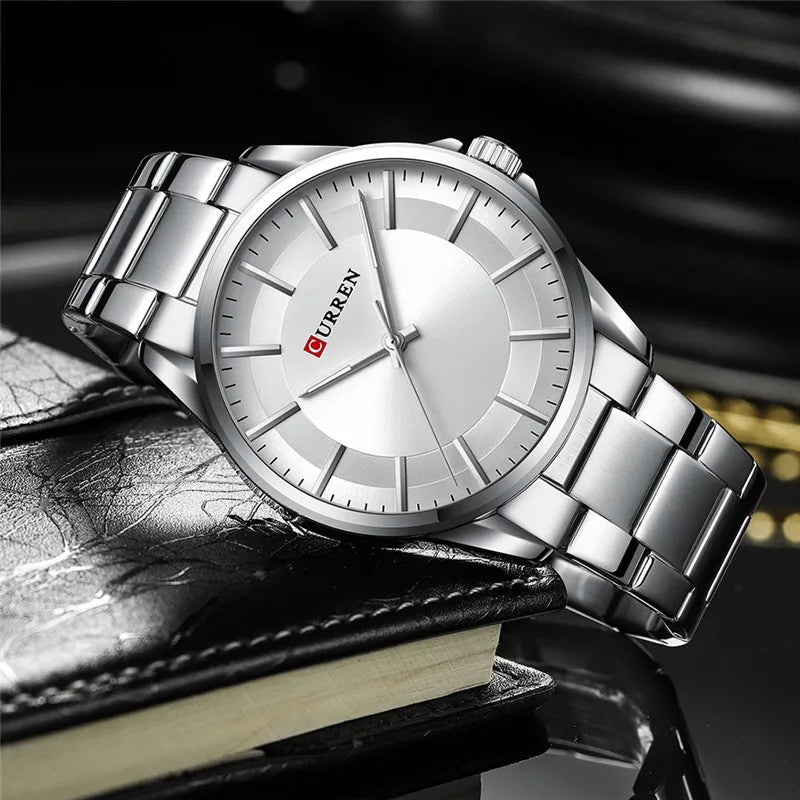 Curren C8429G men's analog watch featuring a clean white dial face and polished silver stainless steel link bracelet
