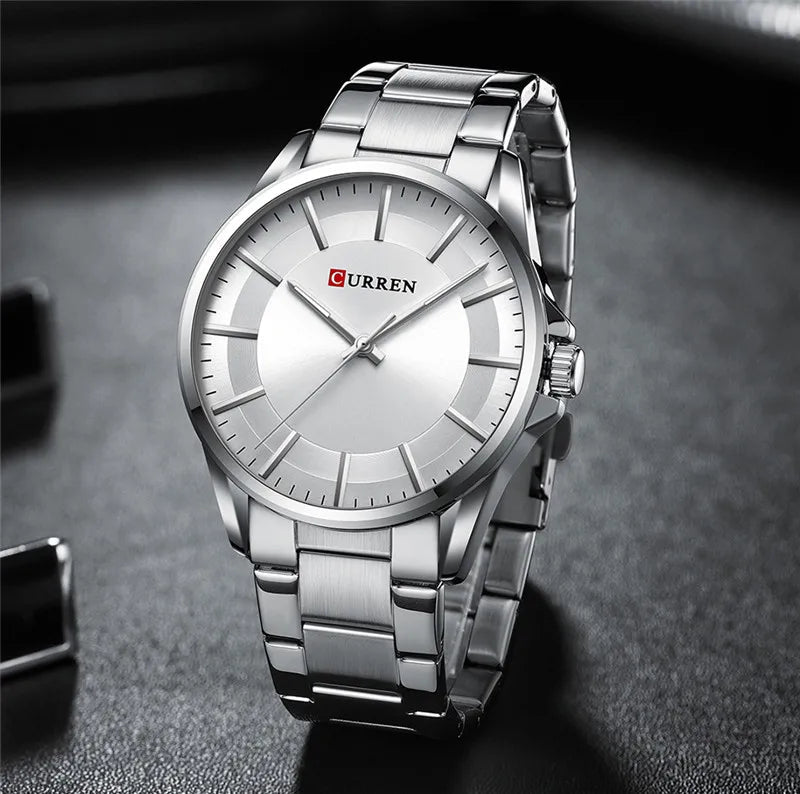 Curren C8429G men's analog watch featuring a clean white dial face and polished silver stainless steel link bracelet