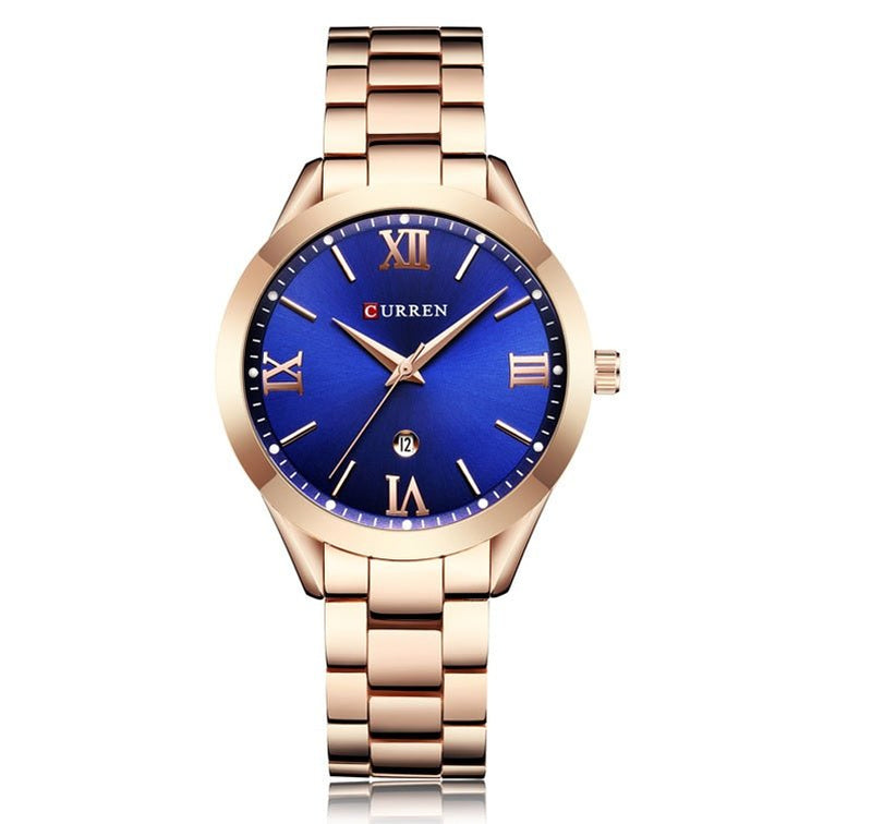 C-9007L Curren blue Dial Rosegold Stainless Chain Steel Analog Quartz Women's Watch. - Timecheck