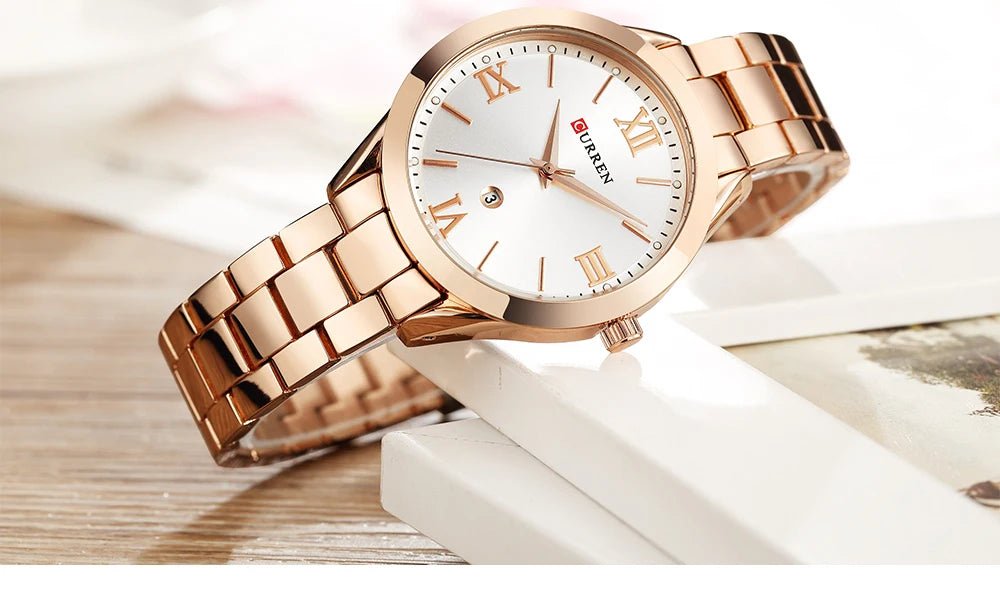 C-9007L Curren Silver Dial Rosegold Stainless Chain Steel Analog Quartz Women's Watch. - Timecheck