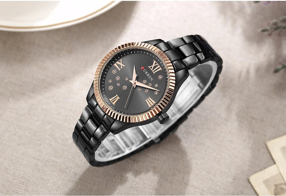 C-9009L Curren Black Dial Black Stainless Steel Chain Analog Quartz Women's Watch. - Timecheck