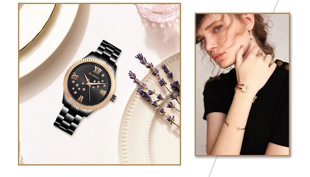 C-9009L Curren Black Dial Black Stainless Steel Chain Analog Quartz Women's Watch. - Timecheck