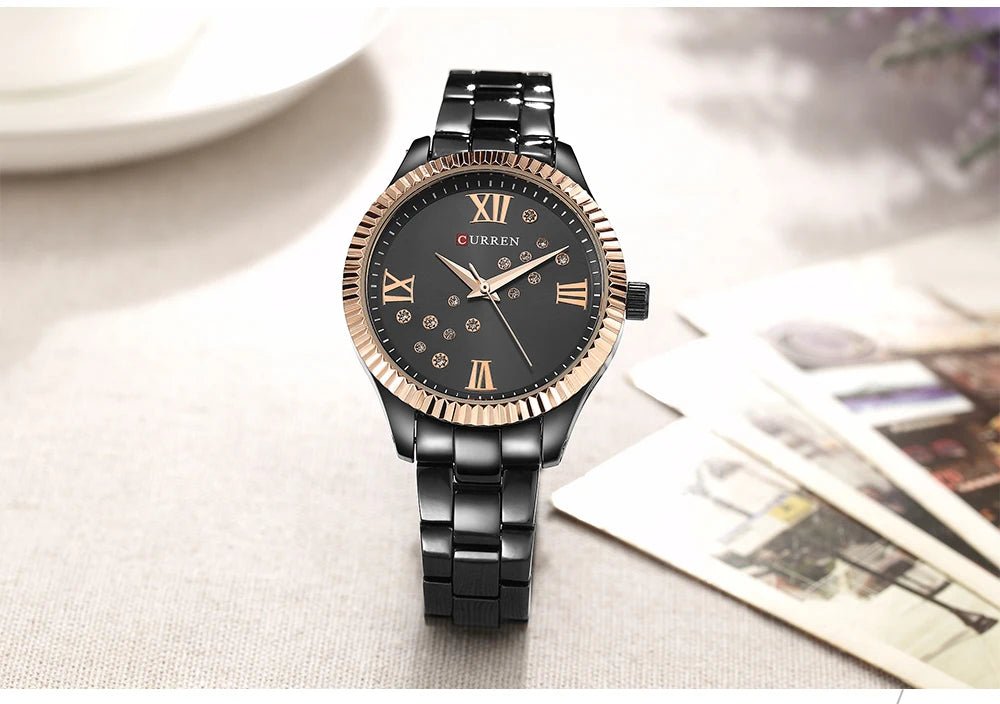 C-9009L Curren Black Dial Black Stainless Steel Chain Analog Quartz Women's Watch. - Timecheck