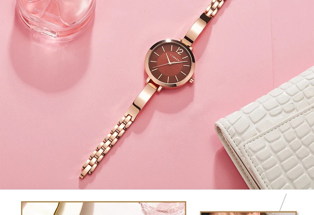 C-9012L Curren Brown Dial Rose-gold Stainless Steel Chain Analog Quartz Women's Watch. - Timecheck
