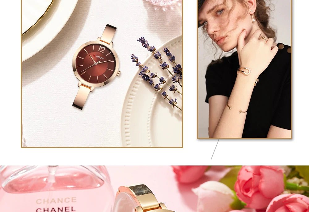 C-9012L Curren Brown Dial Rose-gold Stainless Steel Chain Analog Quartz Women's Watch. - Timecheck