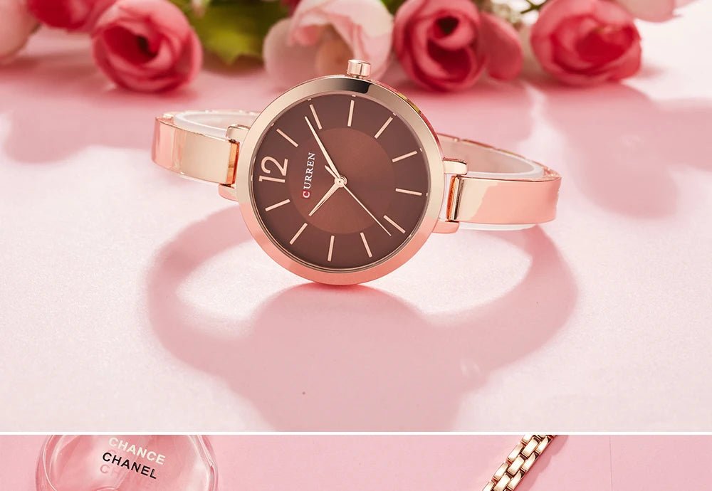 C-9012L Curren Brown Dial Rose-gold Stainless Steel Chain Analog Quartz Women's Watch. - Timecheck