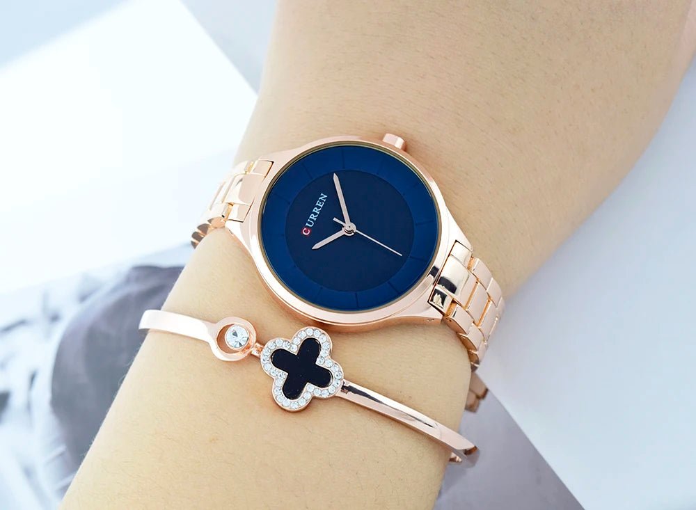 C-9015L Curren Blue Dial Rosegold Stainless Chain Steel Analog Quartz Women's Watch. - Timecheck