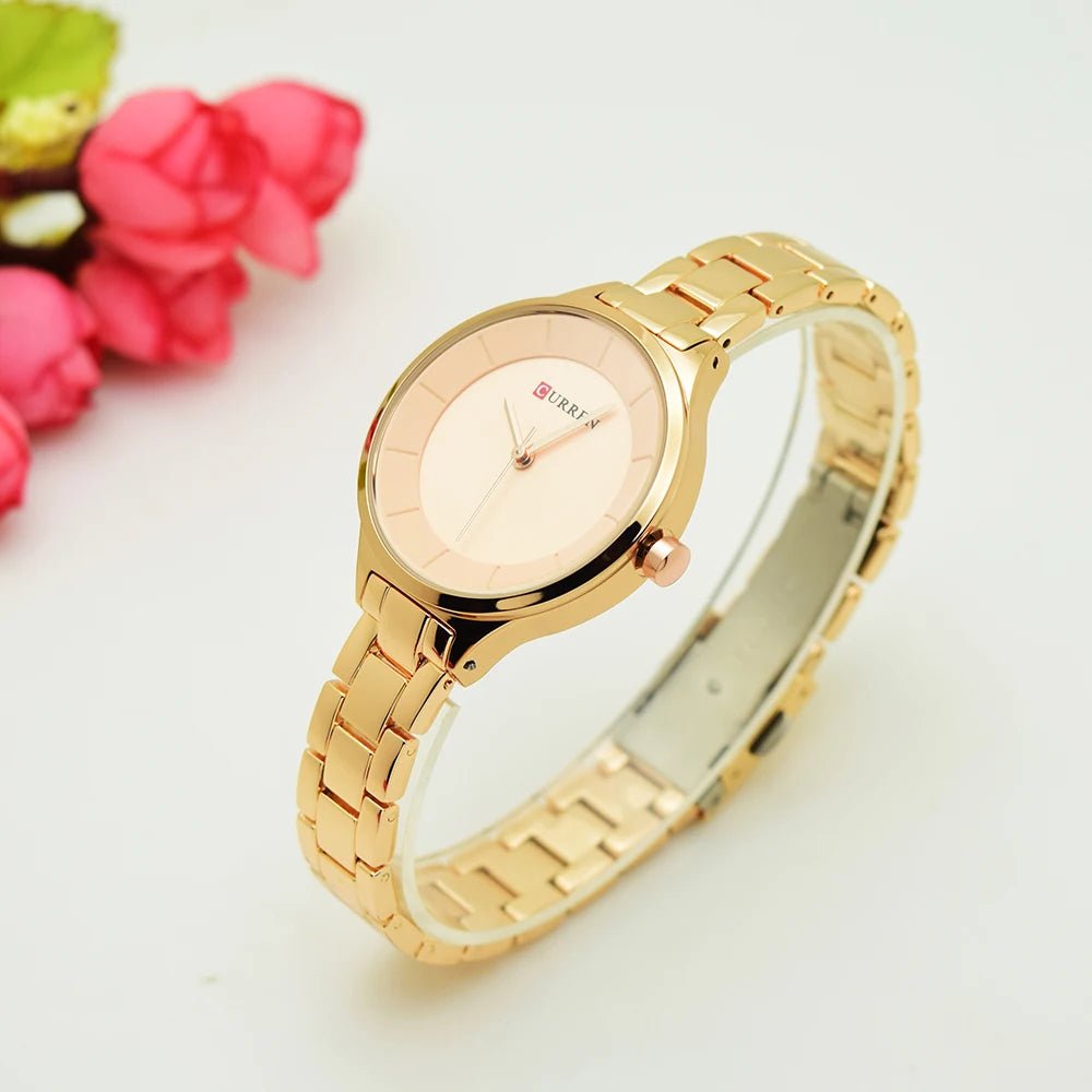 C-9015L Curren Golden Dial Golden Stainless Chain Steel Analog Quartz Women's Watch. - Timecheck
