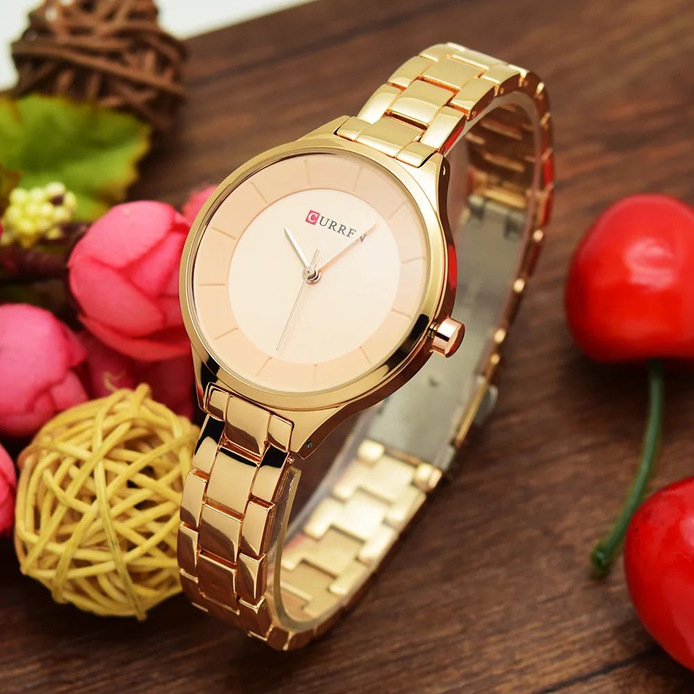 C-9015L Curren Golden Dial Golden Stainless Chain Steel Analog Quartz Women's Watch. - Timecheck